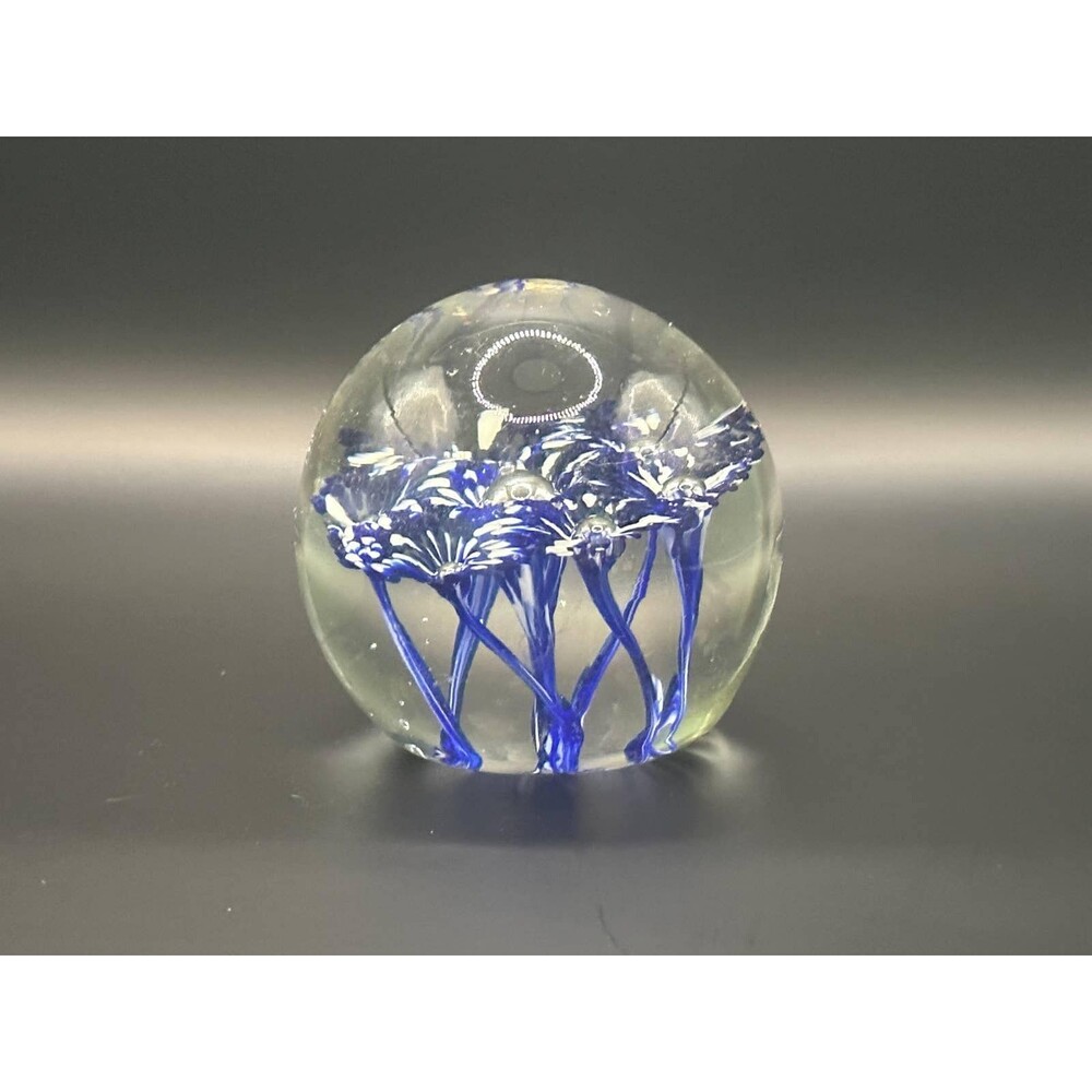 Glass Art blue white floral paper weight large